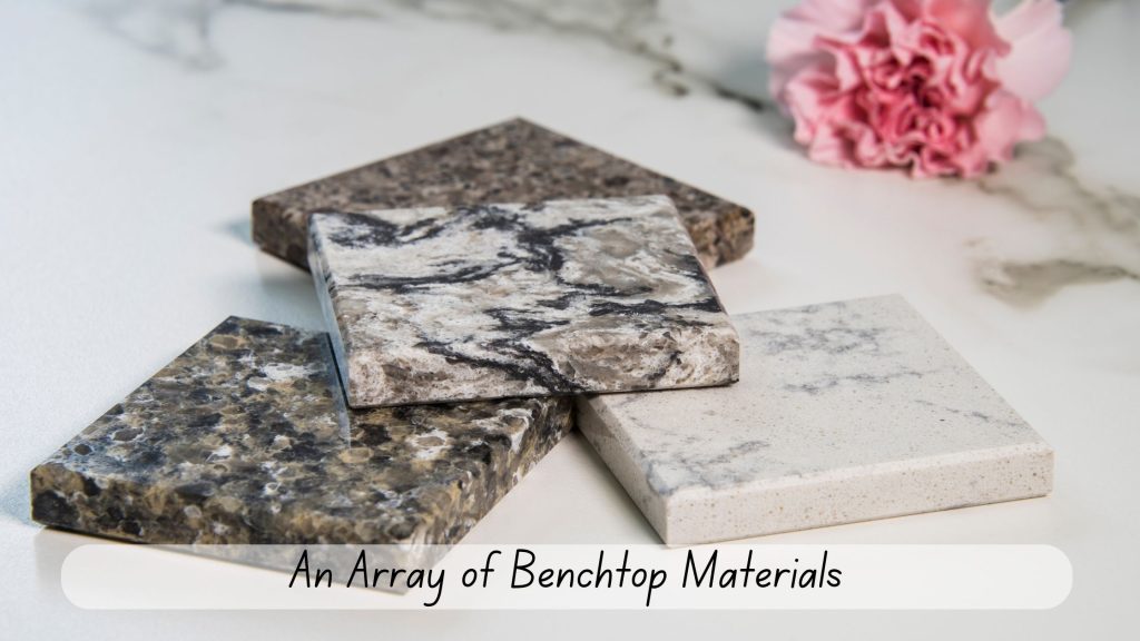 An Array of Benchtop Materials - An image displaying a selection of different kitchen benchtop materials, including granite, marble, quartz, and laminate, arranged to show their varied textures and colors.