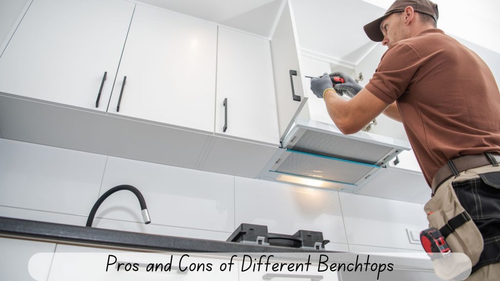 Installation Process Demystified - An image depicting the step-by-step process of installing kitchen benchtops, including preparation, fitting, and finishing stages, with visuals of tools and materials used.